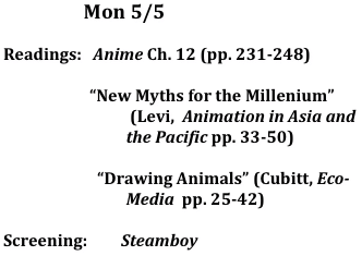                      Mon 5/5
	
Readings:   Anime Ch. 12 (pp. 231-248)

		  “New Myths for the Millenium” 
                                 (Levi,  Animation in Asia and 
                                the Pacific pp. 33-50)

		    “Drawing Animals” (Cubitt, Eco-
                                Media  pp. 25-42)

Screening:	Steamboy