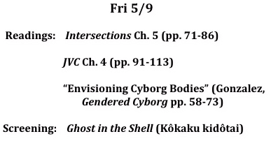 Fri	5/9

 Readings:    Intersections Ch. 5 (pp. 71-86)

		    JVC Ch. 4 (pp. 91-113)

		    “Envisioning Cyborg Bodies” (Gonzalez, 
                                Gendered Cyborg pp. 58-73)

Screening:    Ghost in the Shell (Kôkaku kidôtai)
