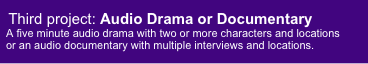   Third project: Audio Drama or Documentary
  A five minute audio drama with two or more characters and locations
  or an audio documentary with multiple interviews and locations.
